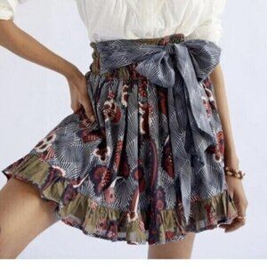 Anthropologie Let Me Be Size S Boho Floral Front Tie Pull on Cotton Ruffle Skirt